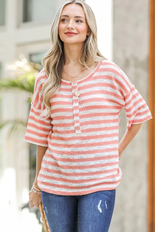 And The Why Stripe Knit Snap Button Front Casual Top OutfitFlow