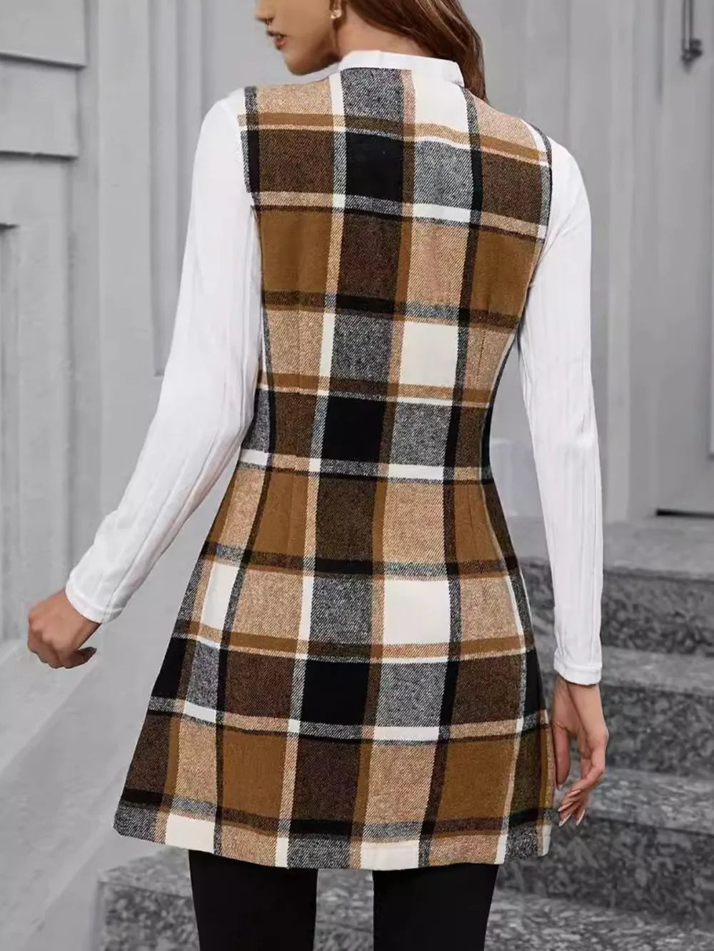 Plaid V-Neck Vest Coat Trendsi