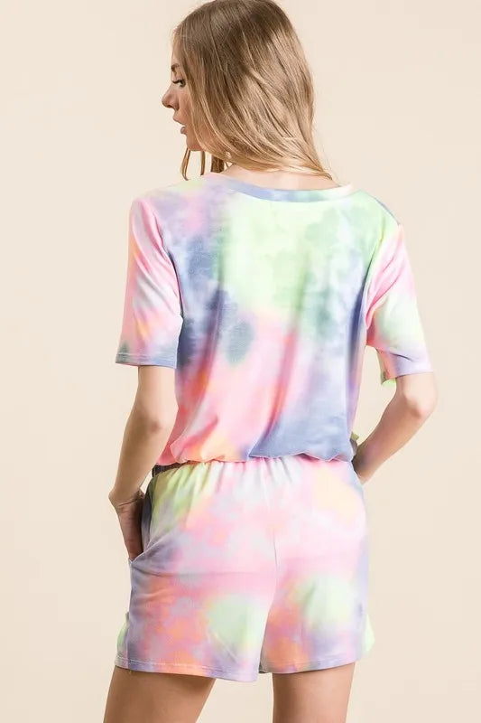 BiBi Tie Dye Casual Shorts with Twill Tape Drawstring OutfitFlow