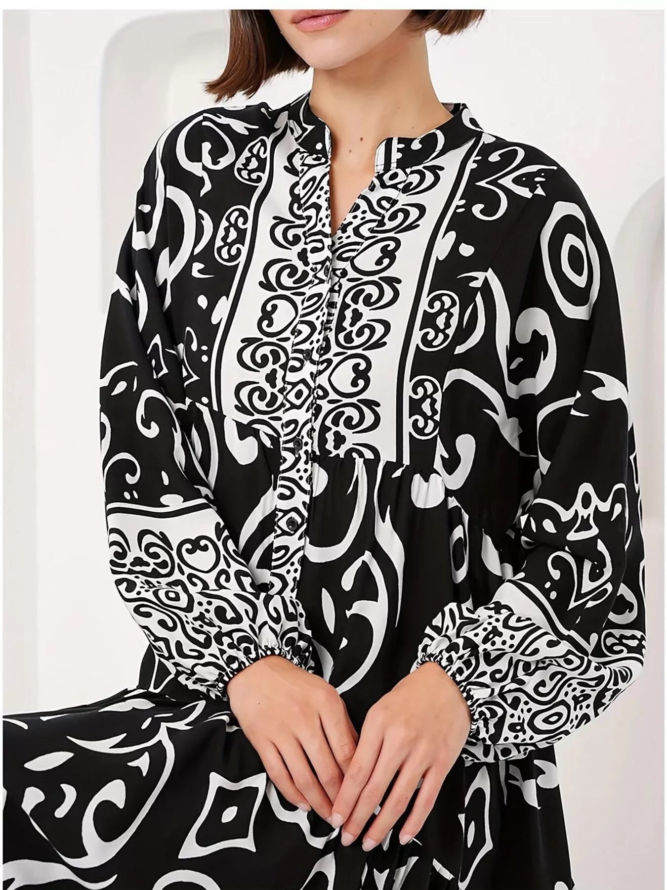 Printed Notched Balloon Sleeve Maxi Dress OutfitFlow