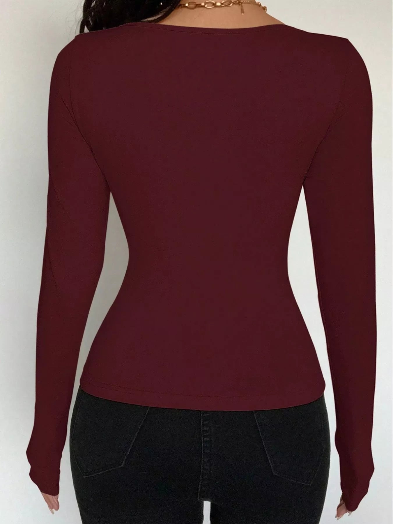 Long Sleeve Scoop Neck Tie Front T-Shirt OutfitFlow