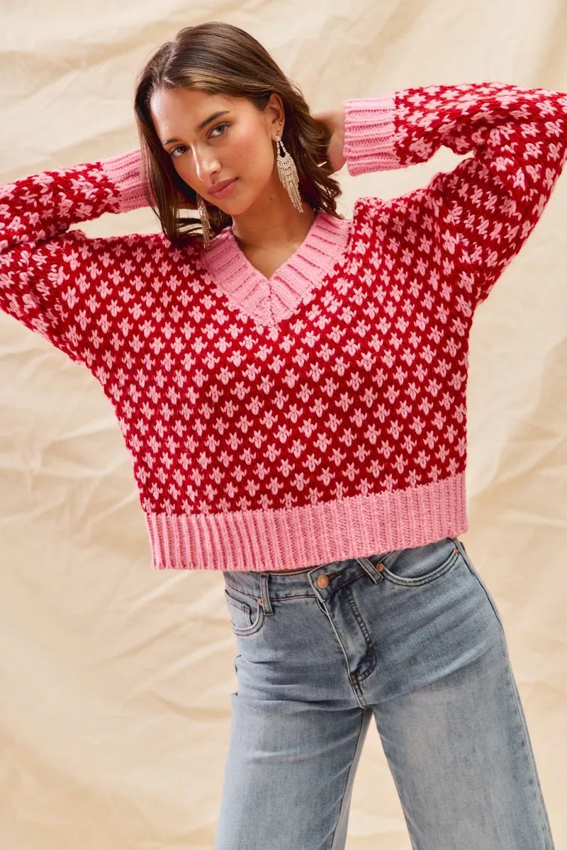 SO ME Color Block Textured Christmas Sweater V Neck Top OutfitFlow
