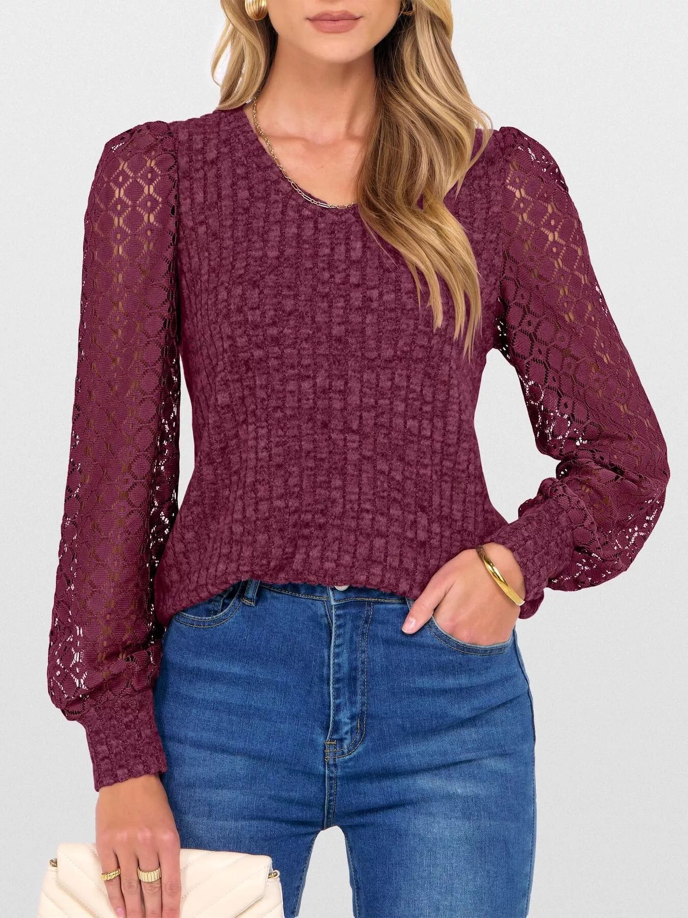 Lace Sleeve V-Neck T-Shirt OutfitFlow