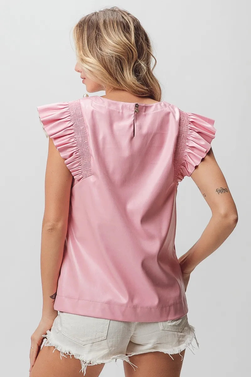 BiBi Leather Smocked Ruffled Top OutfitFlow