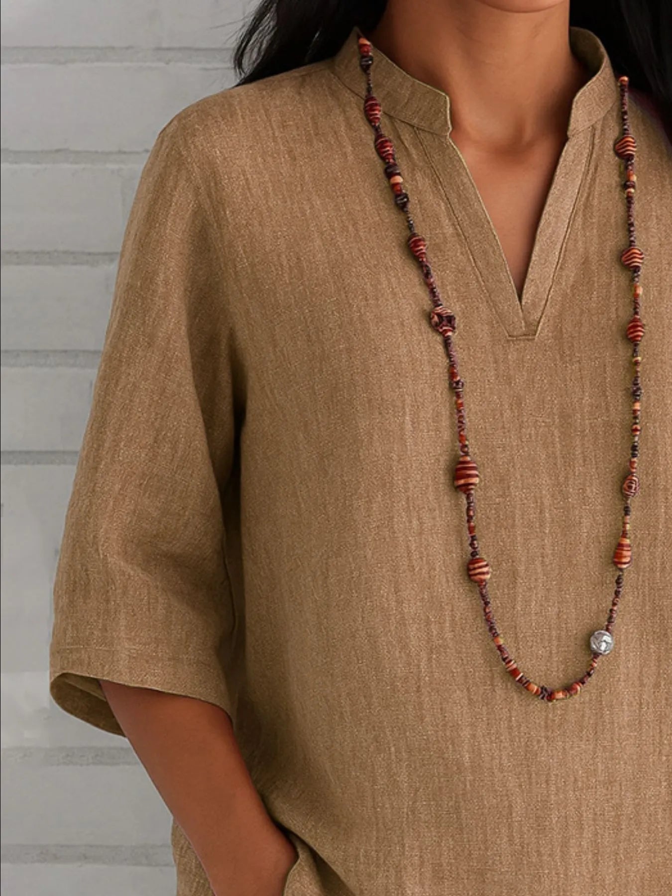Full Size Notched Three-Quarter Sleeves Blouse Plus Size OutfitFlow