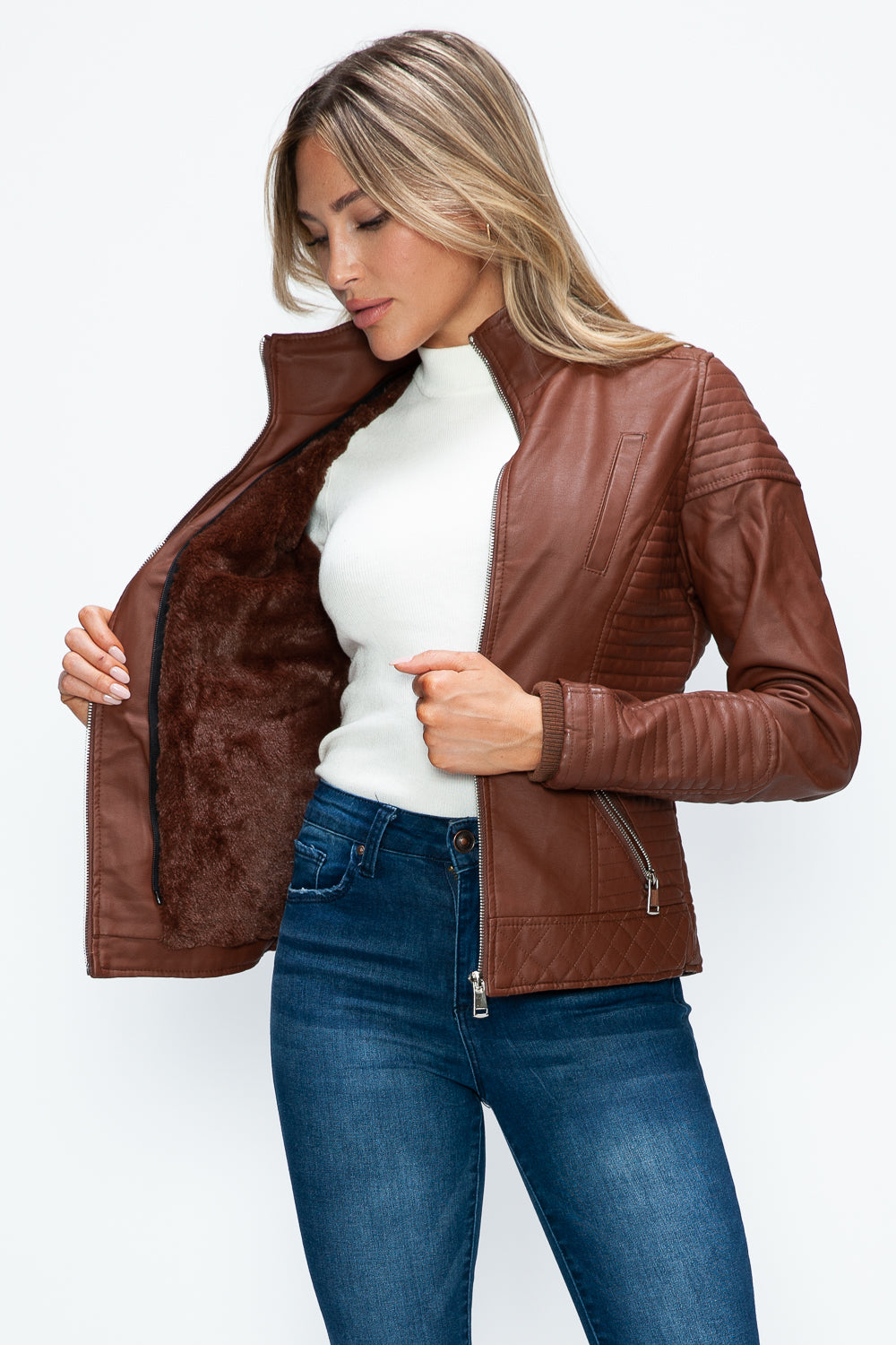 Outfit Flow - YMI Faux Layered Double-Zipper Jacket with Fuzzy Hood