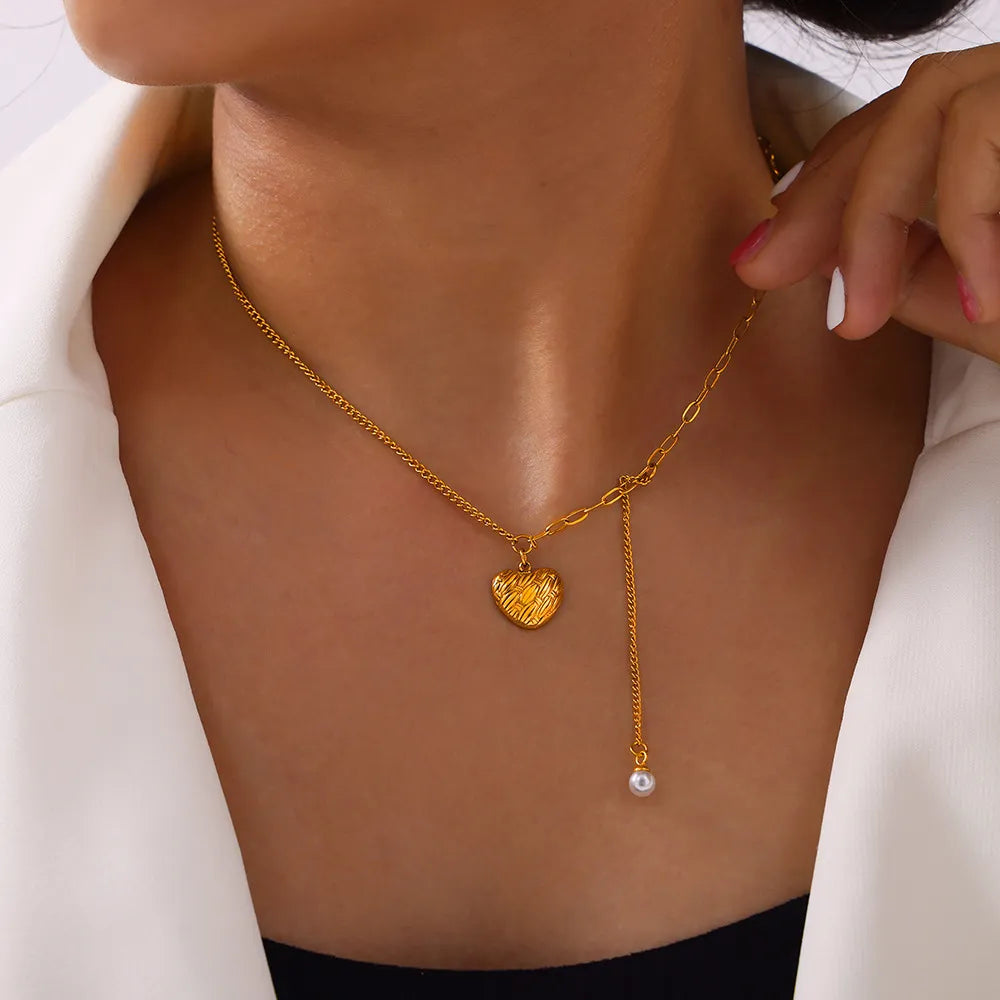 Titanium Steel Imitation Pearl Heart Pendant Necklace Gold One Size OutfitFlow