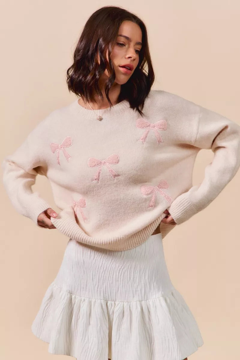 SO ME Embroidered Ribbon Round Neck Sweater OutfitFlow