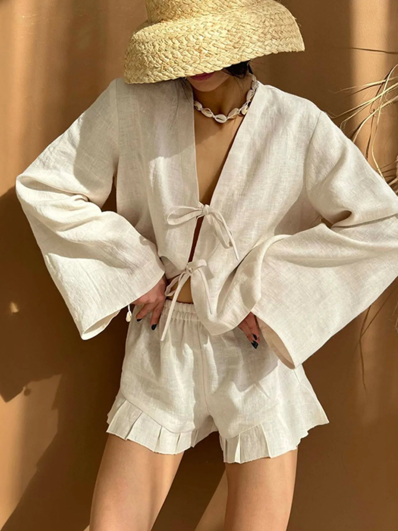 Tie Front Long Sleeve Top and Shorts Set White OutfitFlow