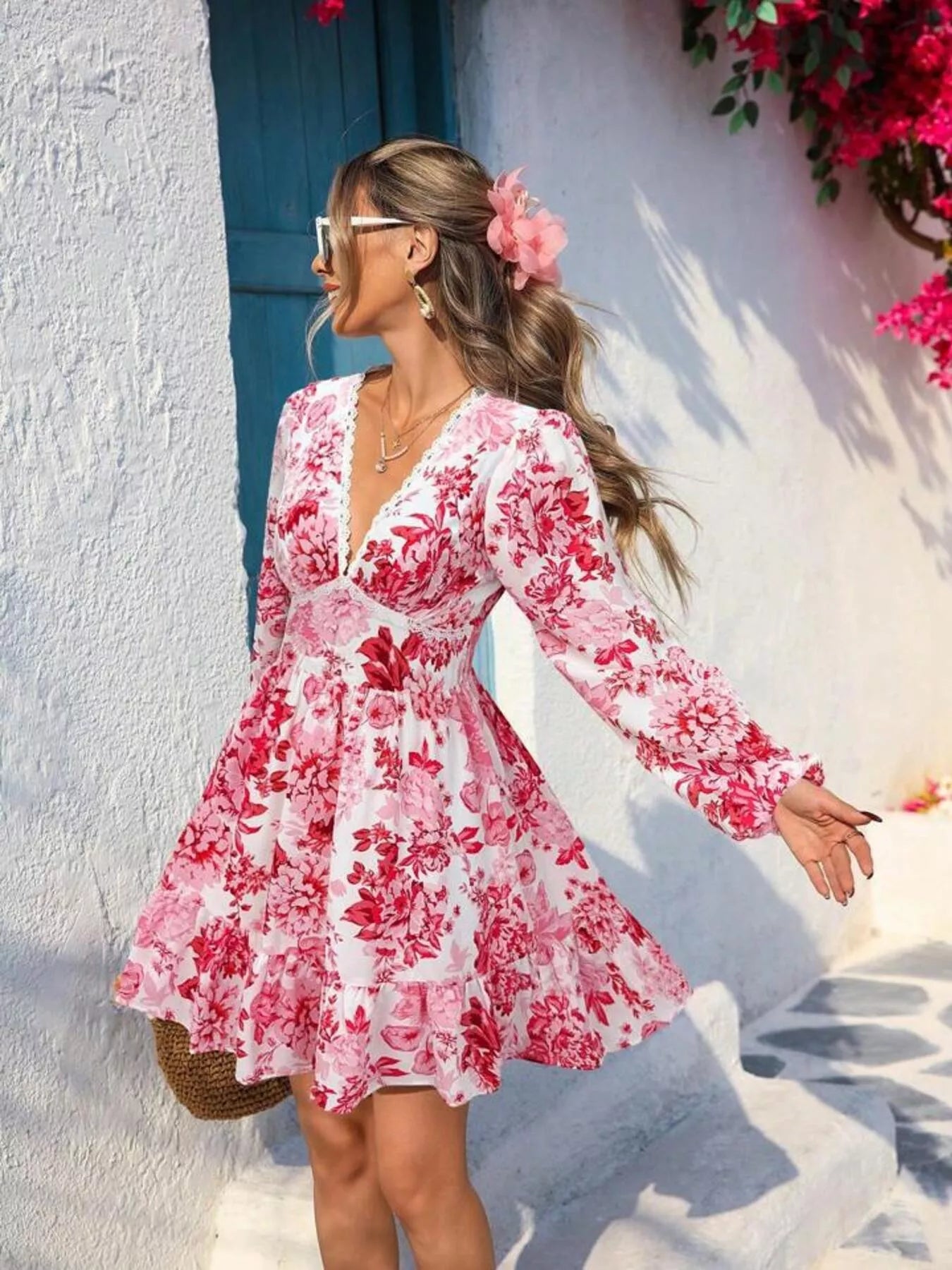 Full Size Floral Print V-Neck Long Sleeve Ruffle Hem Mini Dress Plus Size Trendsi