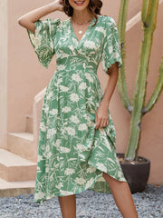 Printed V-Neck Flutter Sleeve Midi Dress Gold OutfitFlow