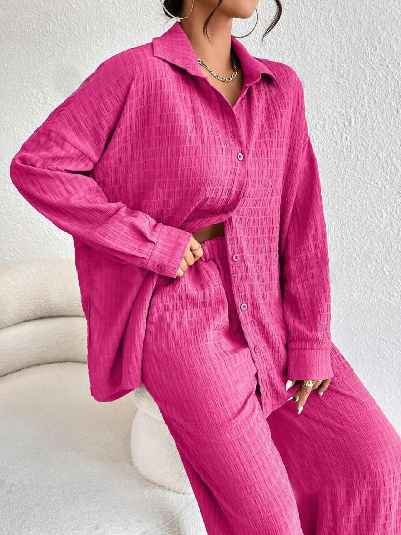 Button Up Long Sleeve Shirt and Pants Set OutfitFlow