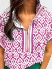 Printed Half Zip Short Sleeve Blouse OutfitFlow