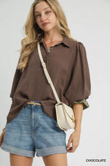 Umgee Half Button Blouse with Leopard Print Trim OutfitFlow