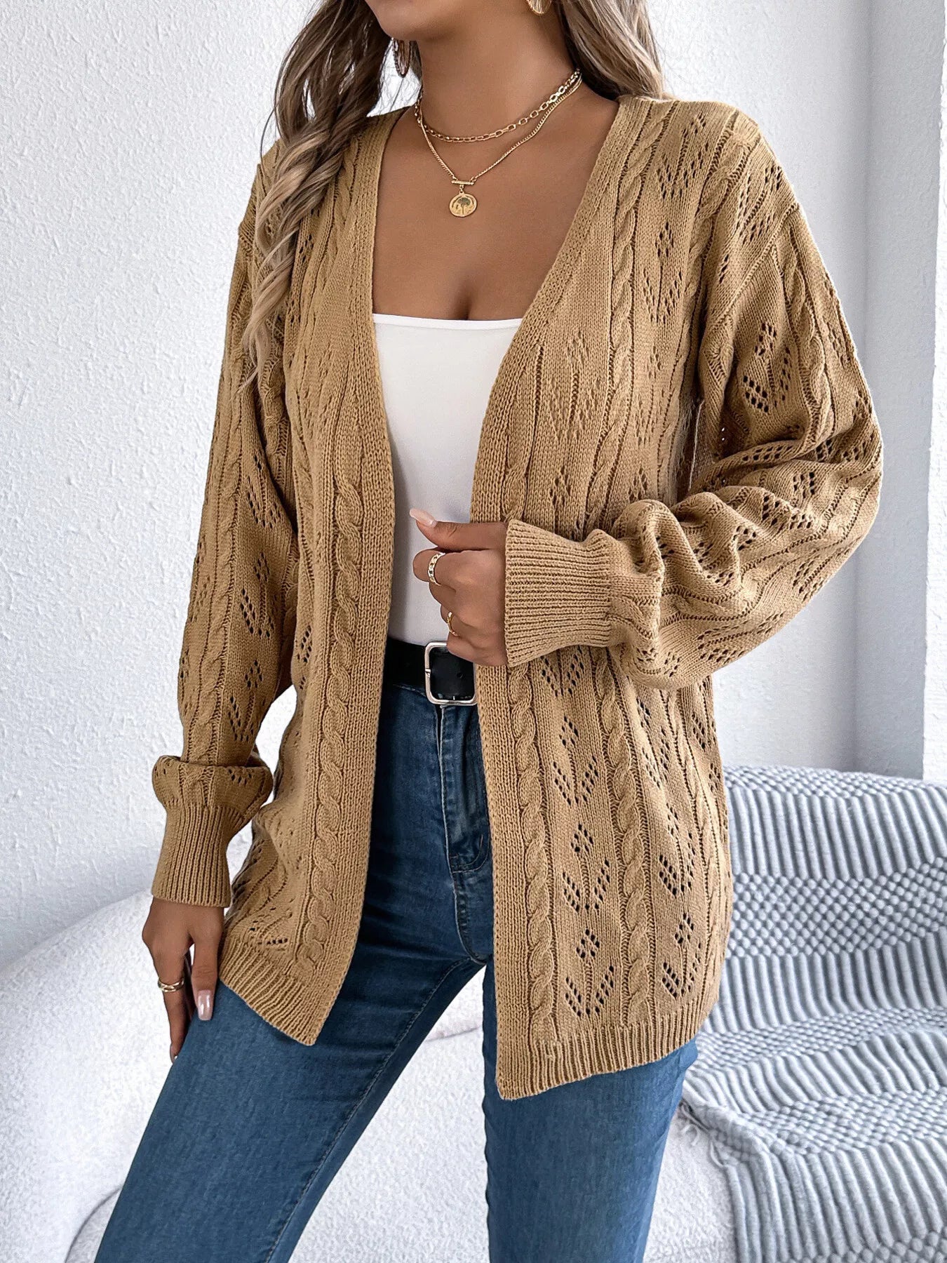 Openwork Open Front Long Sleeve Cardigan OutfitFlow