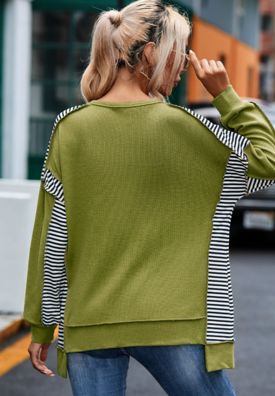 Outfit Flow - Striped Exposed Seam Half Button Sweatshirt