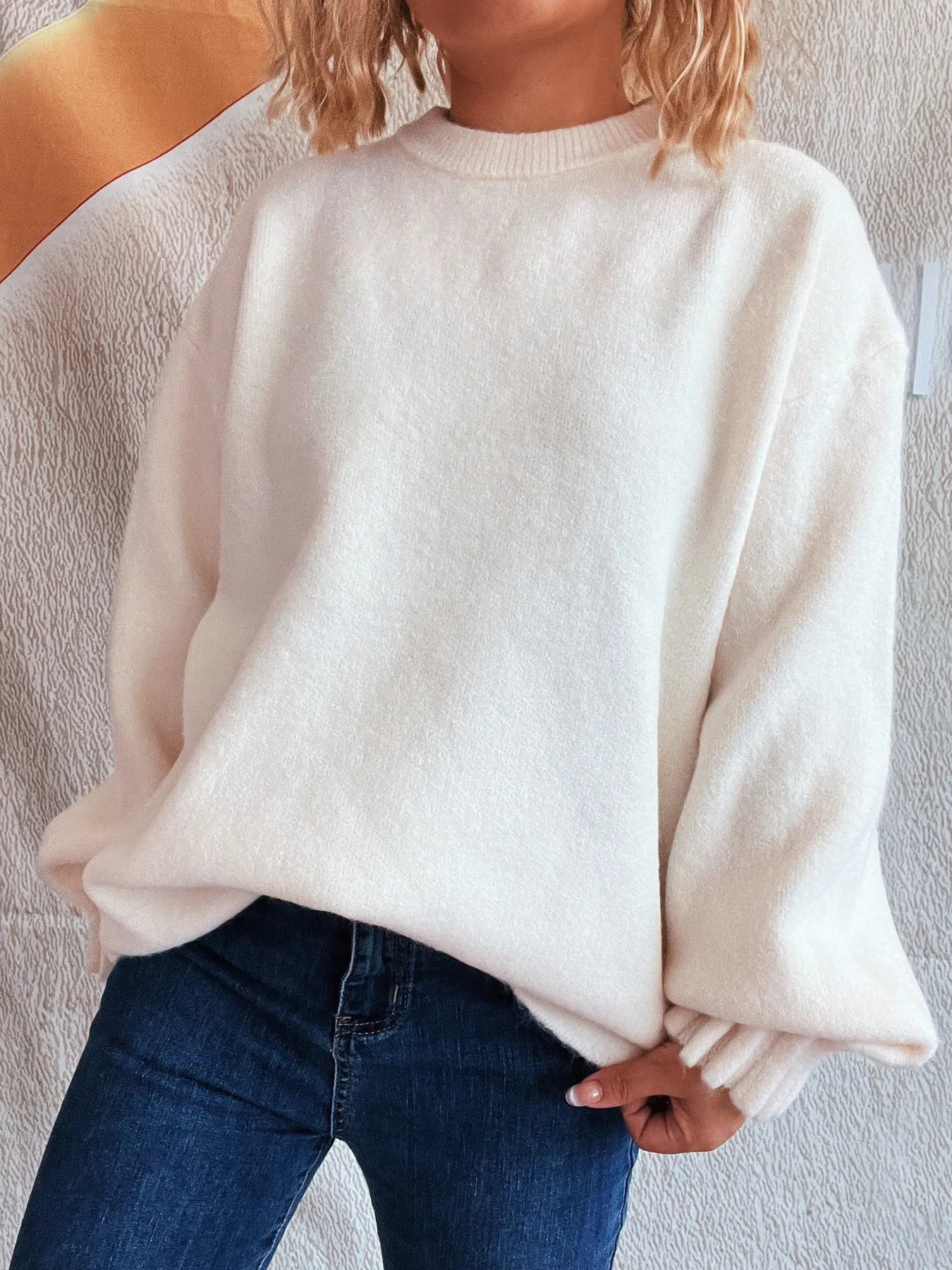 Round Neck Dropped Shoulder Sweater OutfitFlow