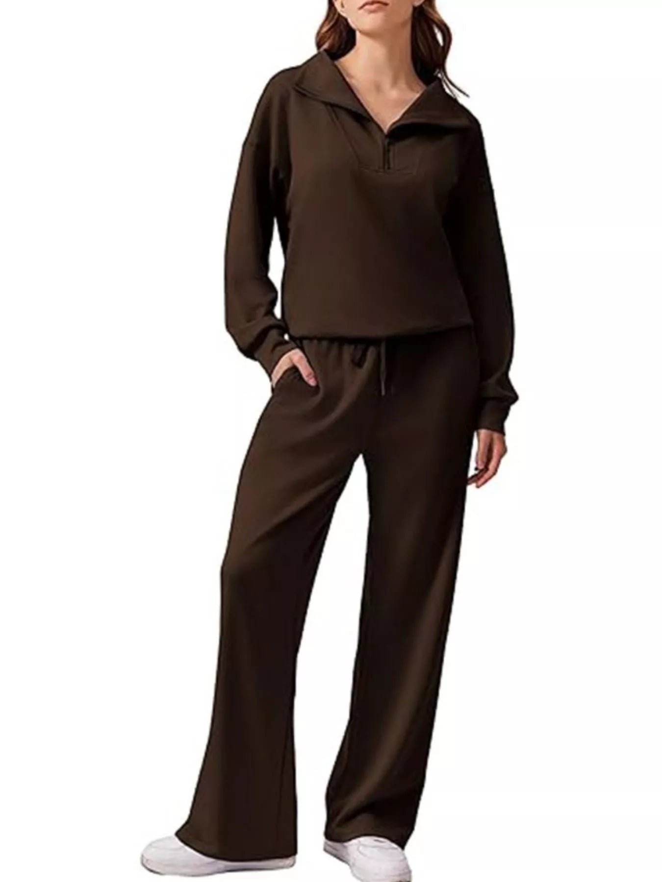 Zip Collar Dropped Shoulder Top and Pants Set Dark Brown OutfitFlow