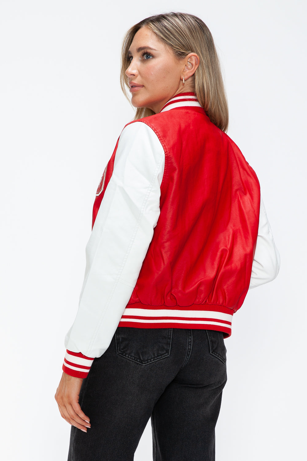 Outfit Flow - Love Me Now PU Leather Contrast Snap Down Bomber Jacket