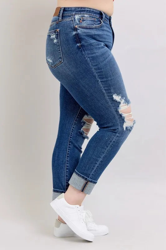 Judy Blue Full Size Midi Rise Boyfriend destroy Jeans with Yoke Pockets and Faux Selvedge Cuff Plus Size OutfitFlow