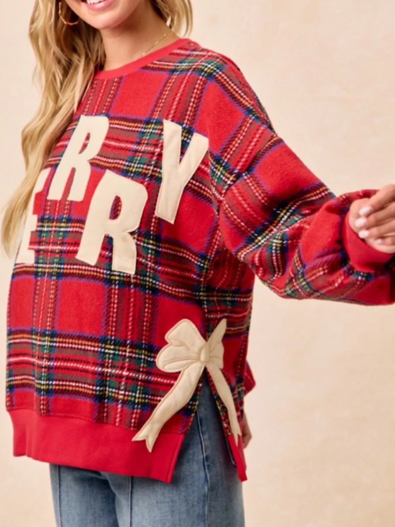 MERRY Bow Slit Crew Neck Christmas Sweatshirt OutfitFlow