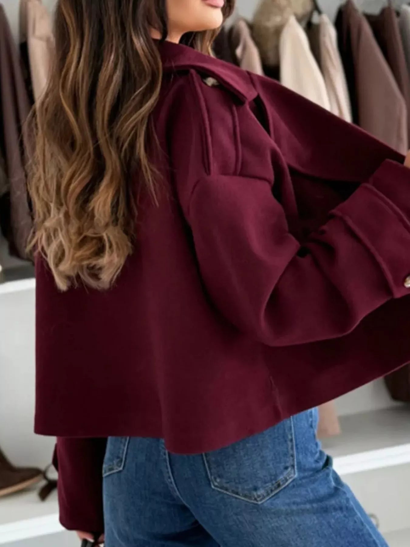 Lapel Collar Dropped Shoulder Jacket Trendsi