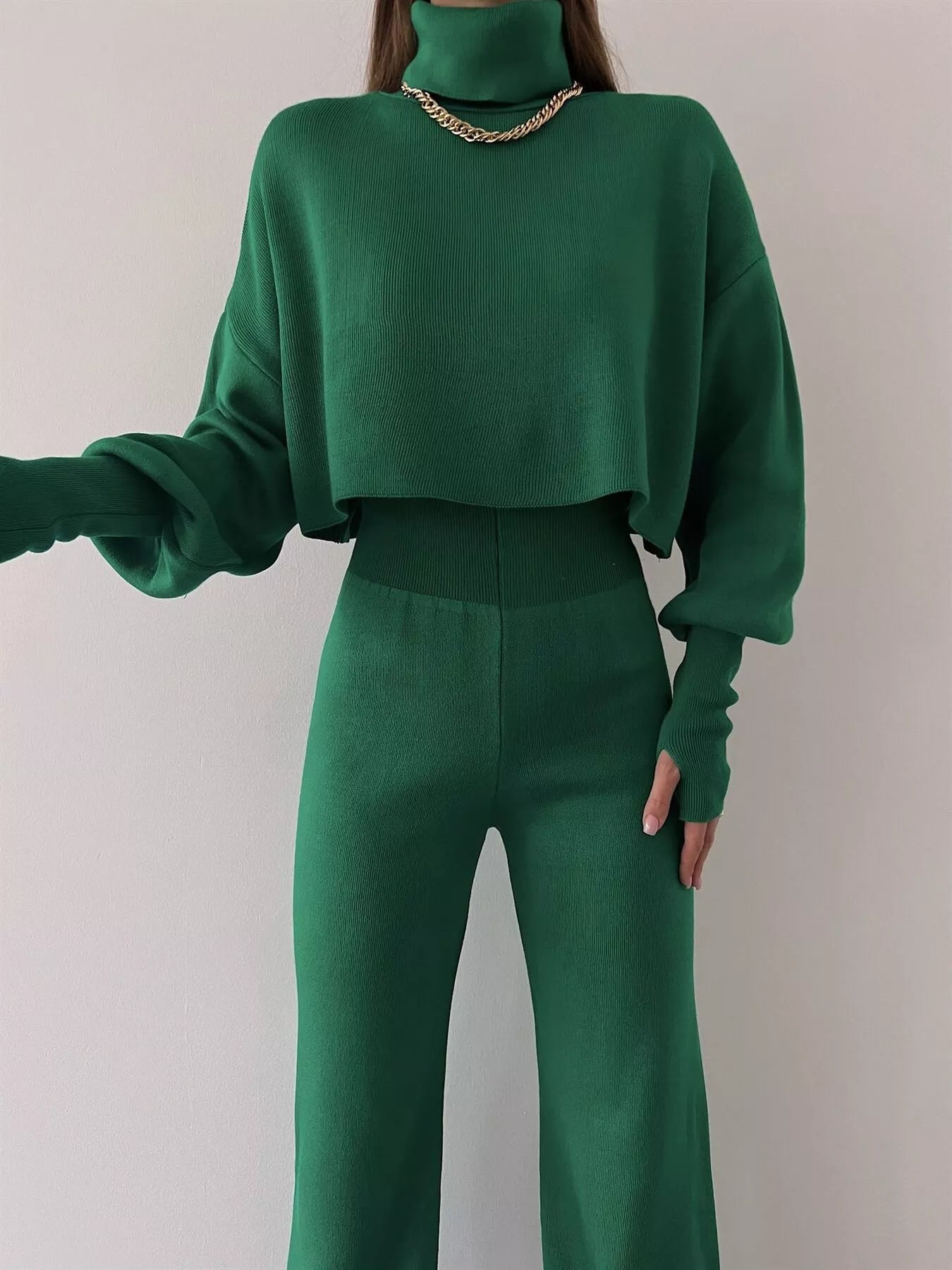 Turtleneck Long Sleeve Top & Pants Set OutfitFlow