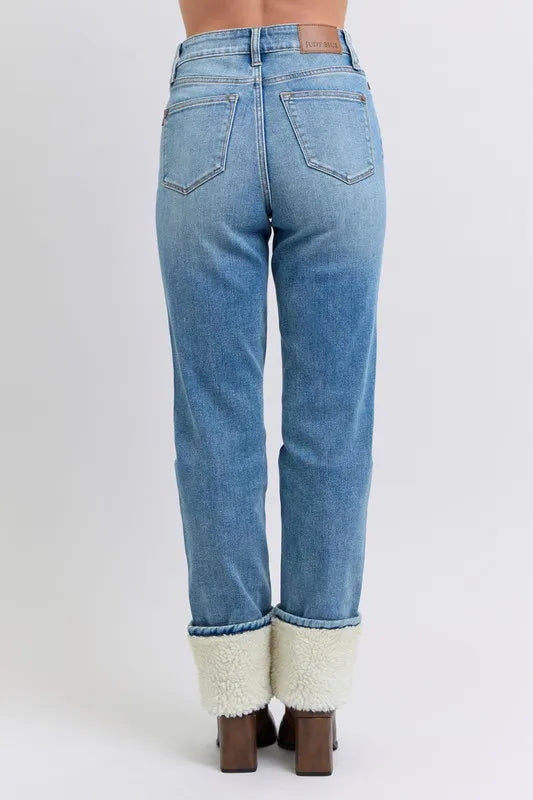 Judy Blue Full Size High Waist Shearling Cuff Straight Plus Size OutfitFlow