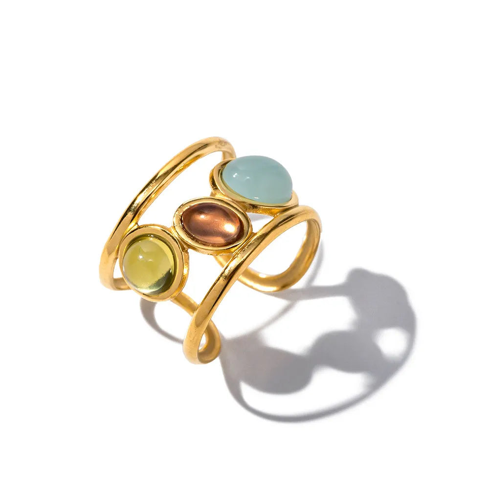 18K Gold-Plated Gemstone Open Cuff Ring OutfitFlow