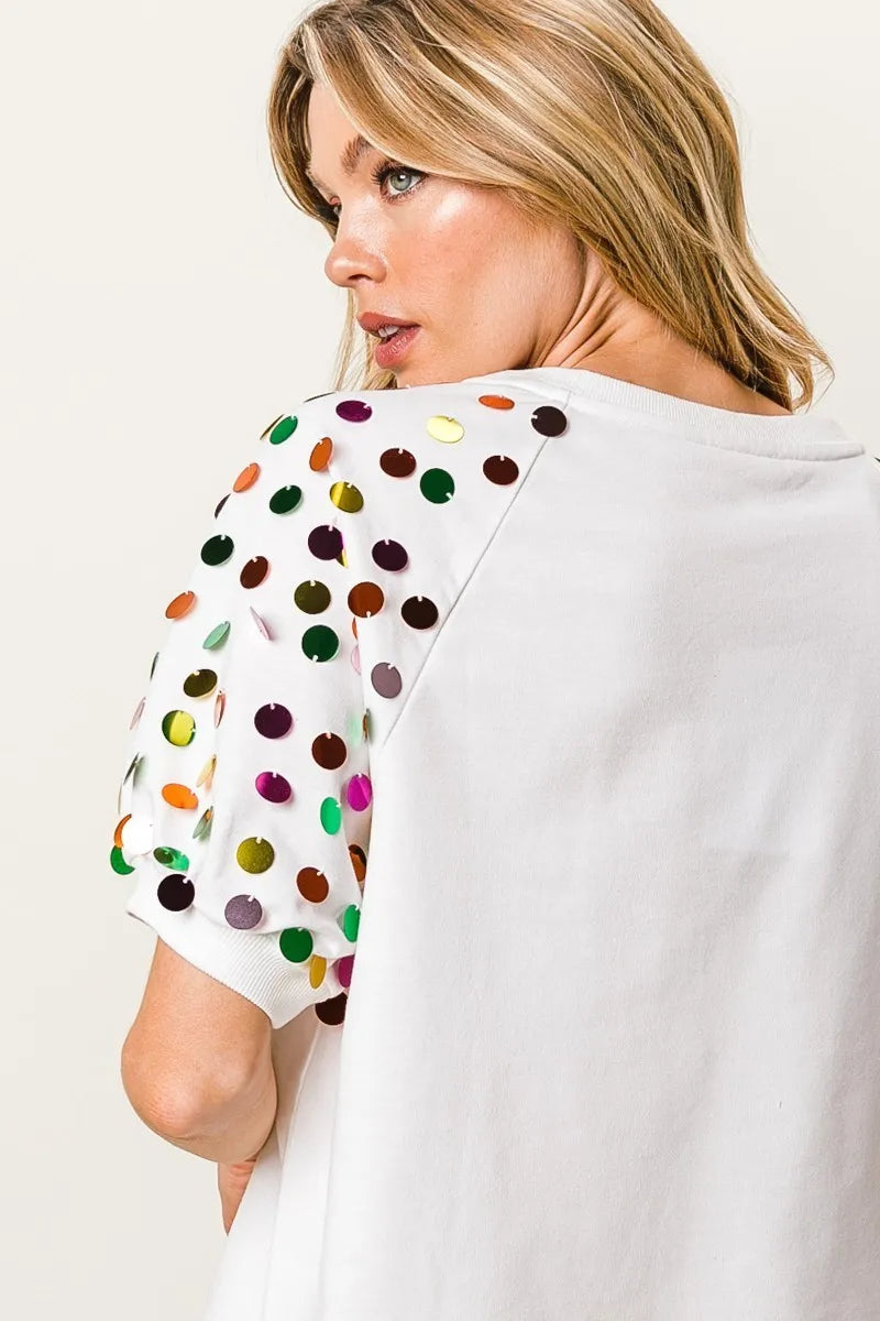 BiBi Metallic Letter Spangle Raglan Puff Sleeve Top OutfitFlow