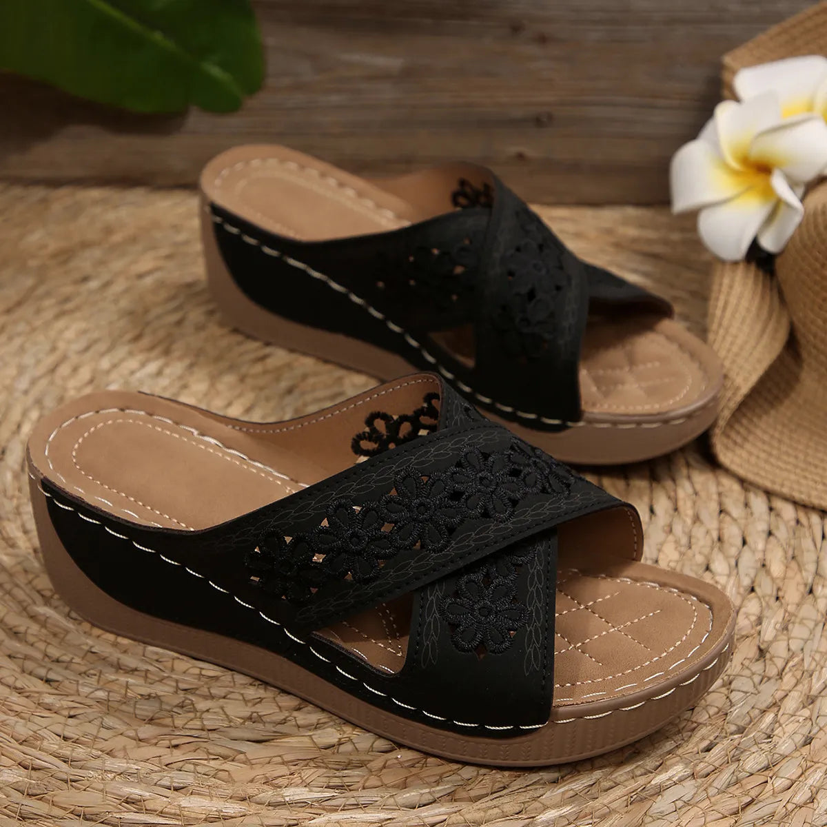 Peep Toe Wedge Sandals Black OutfitFlow