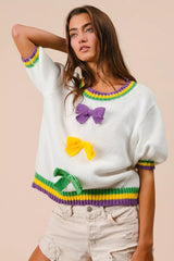 BiBi Short Puff Sleeve Ribbon Bow Mardi Gras Sweater OutfitFlow
