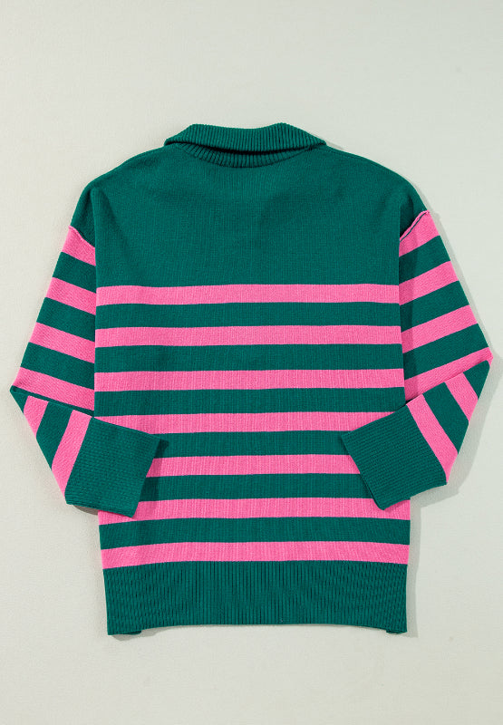 Outfit Flow - Contrast Striped Quarter Zip Long Sleeve Sweater