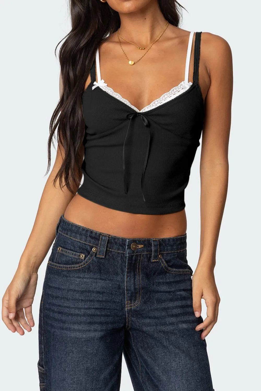Lace Detail V-Neck Cami Black OutfitFlow