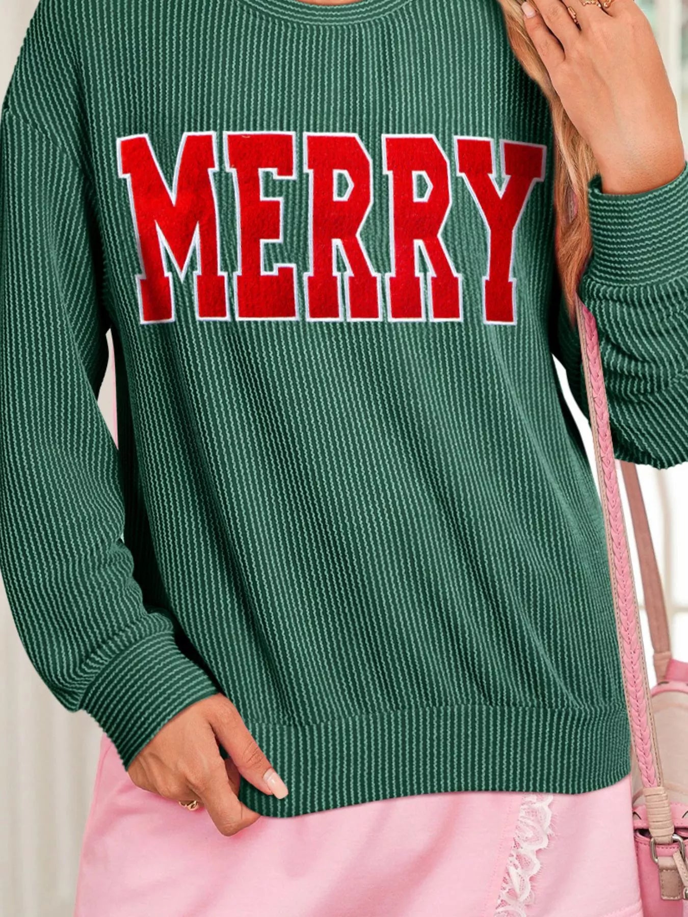 Merry Twisted Rib Christmas Loose Long Sleeve Top OutfitFlow