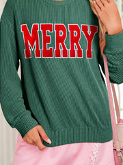 Merry Twisted Rib Christmas Loose Long Sleeve Top OutfitFlow