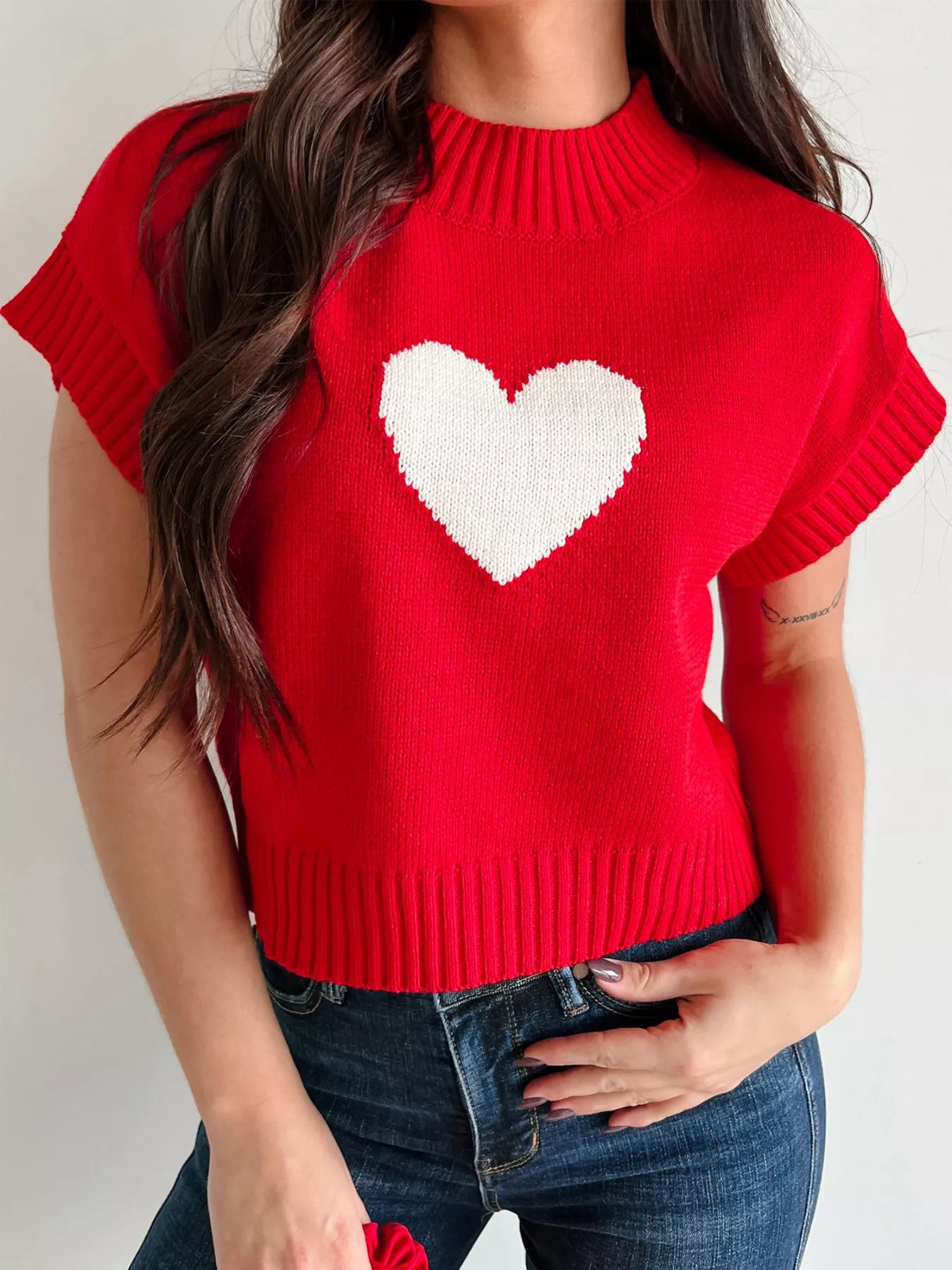 Heart Ribbed Hem Short Sleeve Sweater Red Trendsi