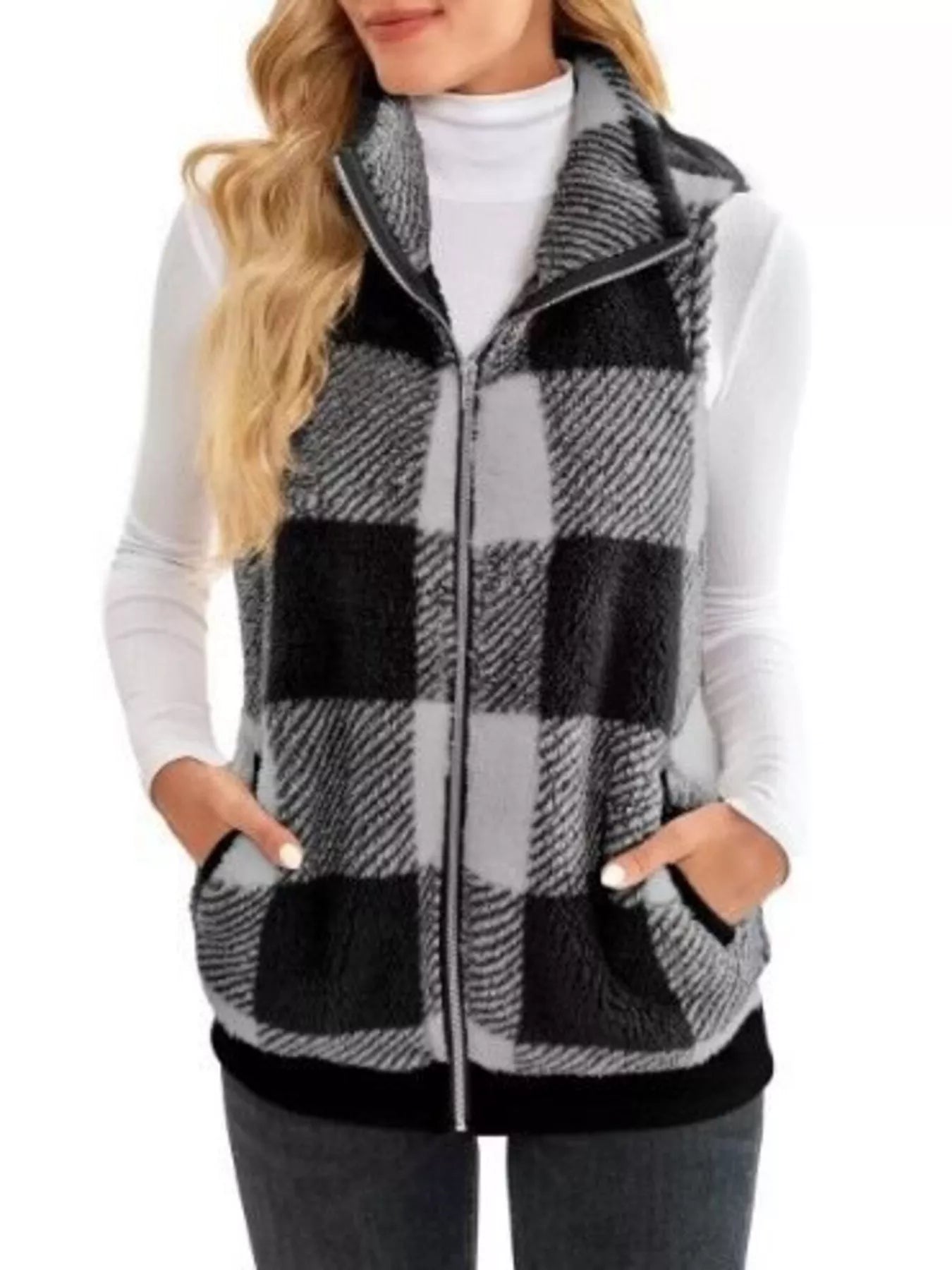 Full Size Color Block Zip Up Vest Coat Plus Size Grey OutfitFlow
