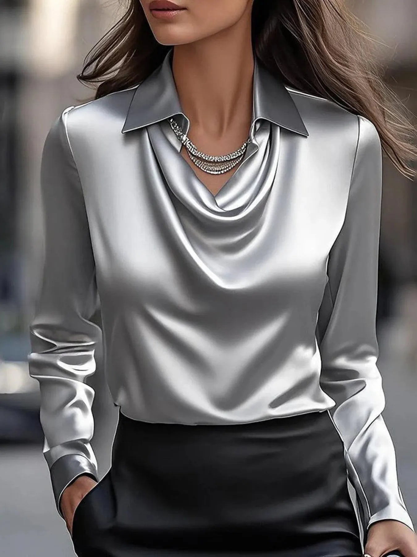 Full Size Collared Neck Long Sleeve Blouse Plus Size Gray OutfitFlow