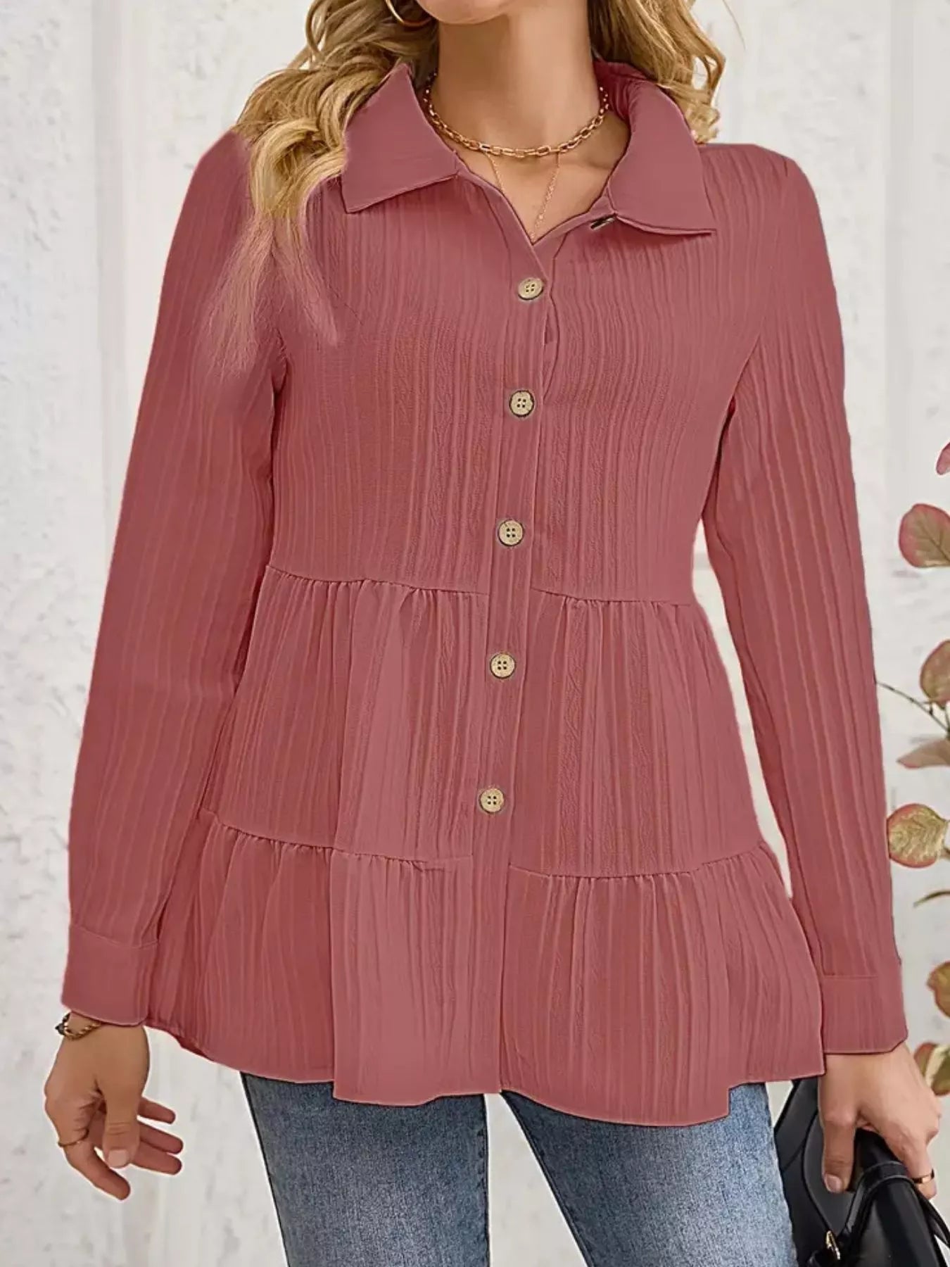 Button-Down Long Sleeve Tiered Shirt Dusty Pink OutfitFlow