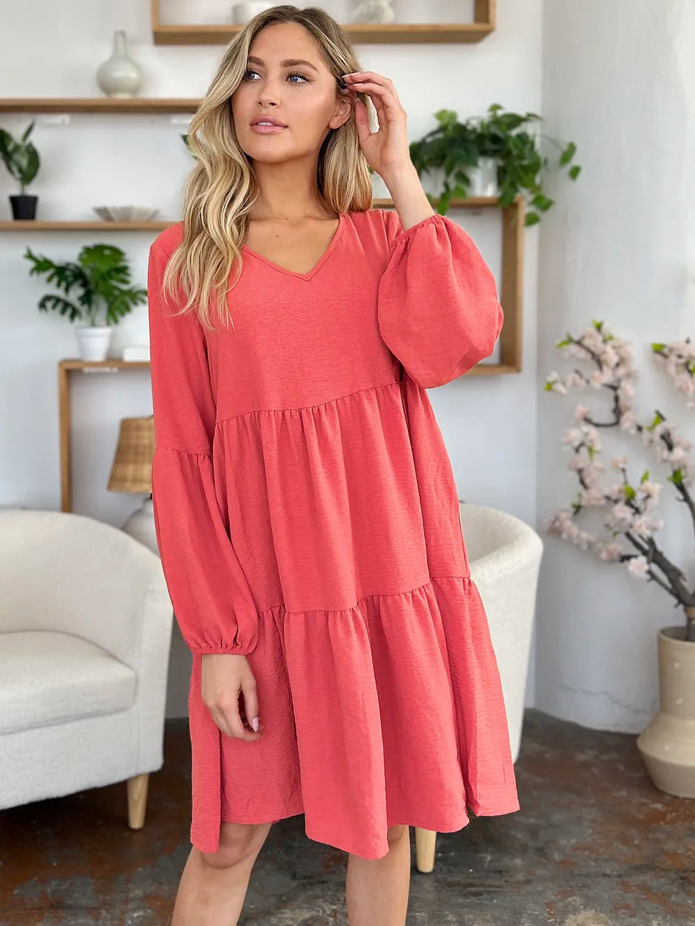 Double Take Full Size V-Neck Balloon Sleeve Tiered Dress with Pockets OutfitFlow