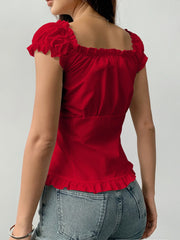 Frill Ruched Cap Sleeve Blouse OutfitFlow