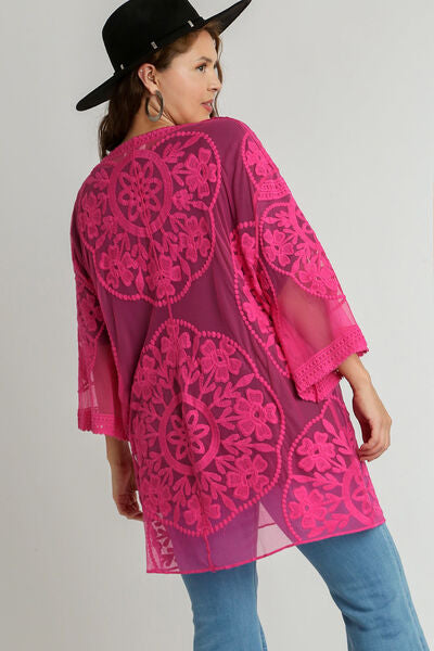 Umgee Full Size Floral Lace Open Front Kimono Sleevee Cover Up with Waist Tie Plus Size OutfitFlow