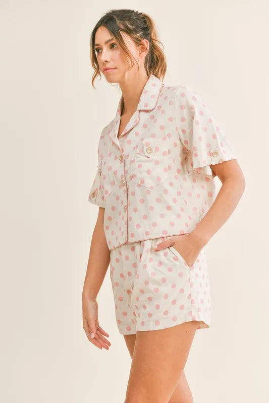 MABLE Polka Dot Collar Crop Top and Short Lounge Set OutfitFlow