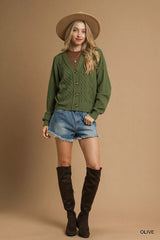Umgee Chunky Cable Knit V-Neck Button-Up Cardigan OutfitFlow