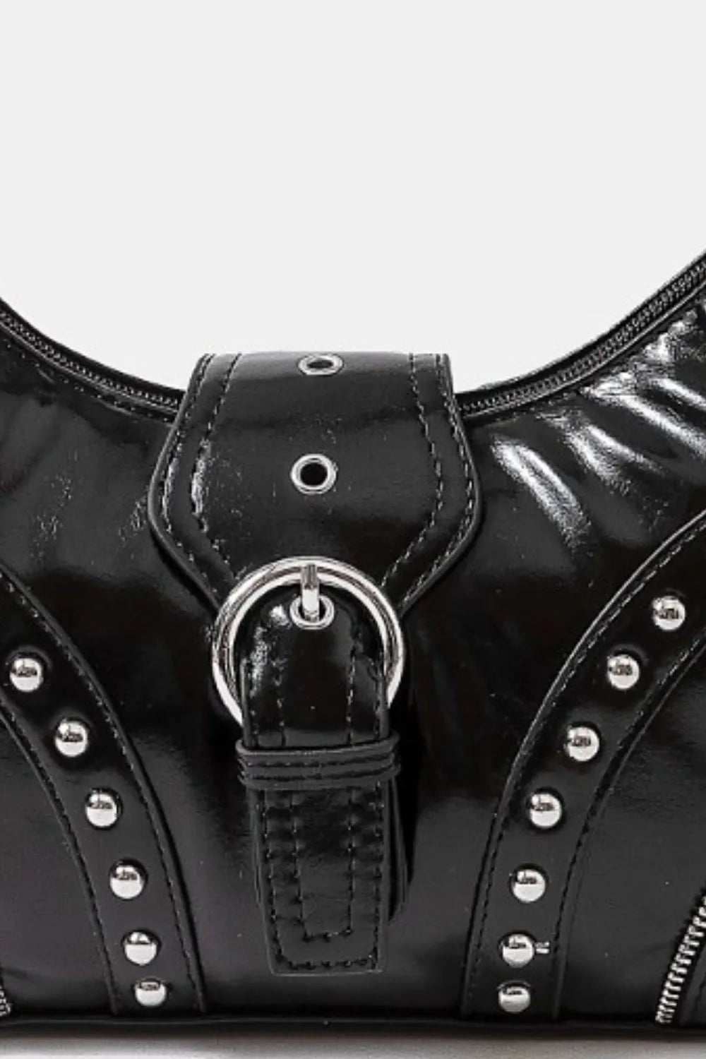 Fame Faux Leather Studded Trim Shoulder Bag OutfitFlow
