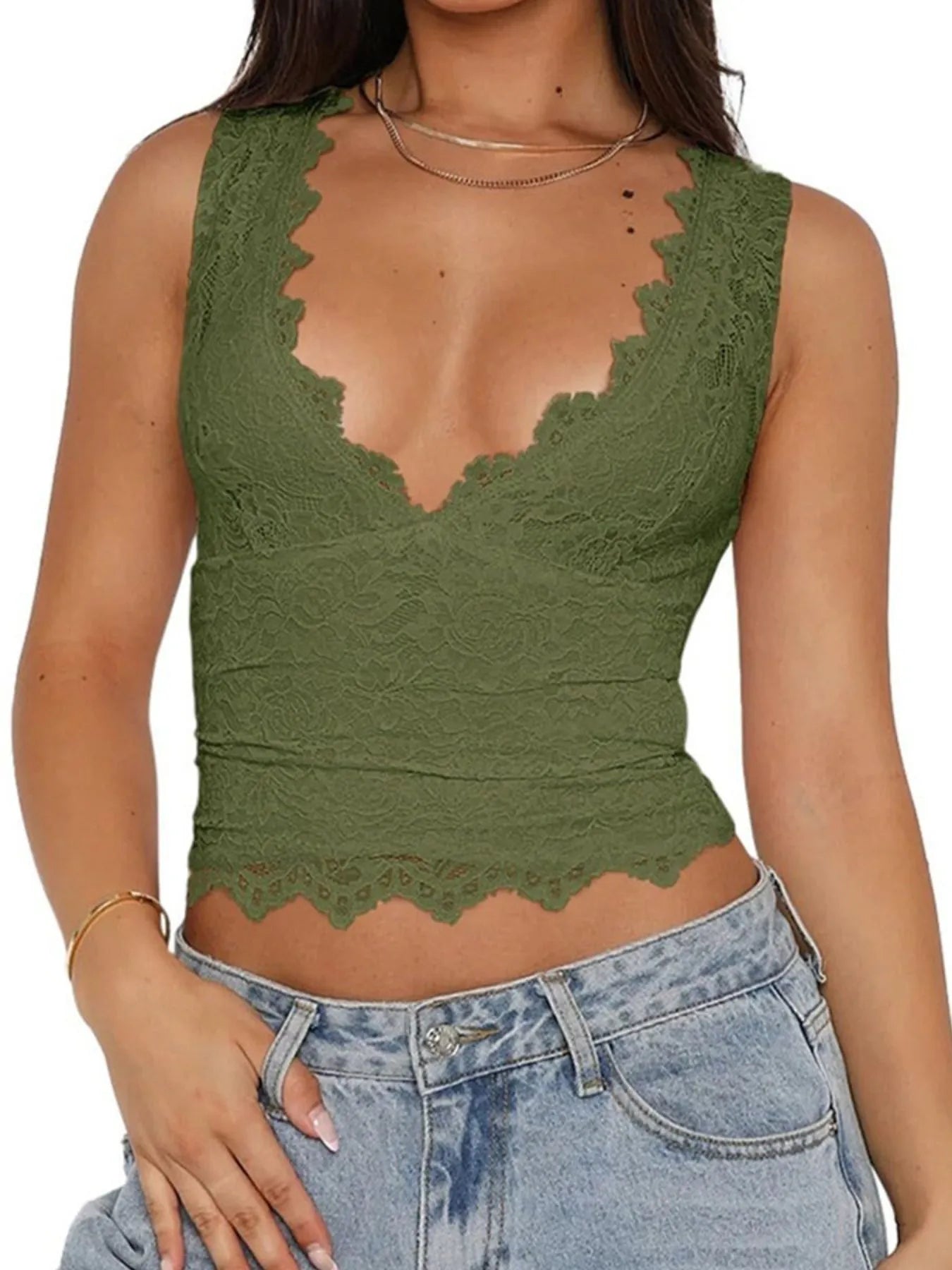 Lace V-Neck Cami Top with Scalloped Hem OutfitFlow