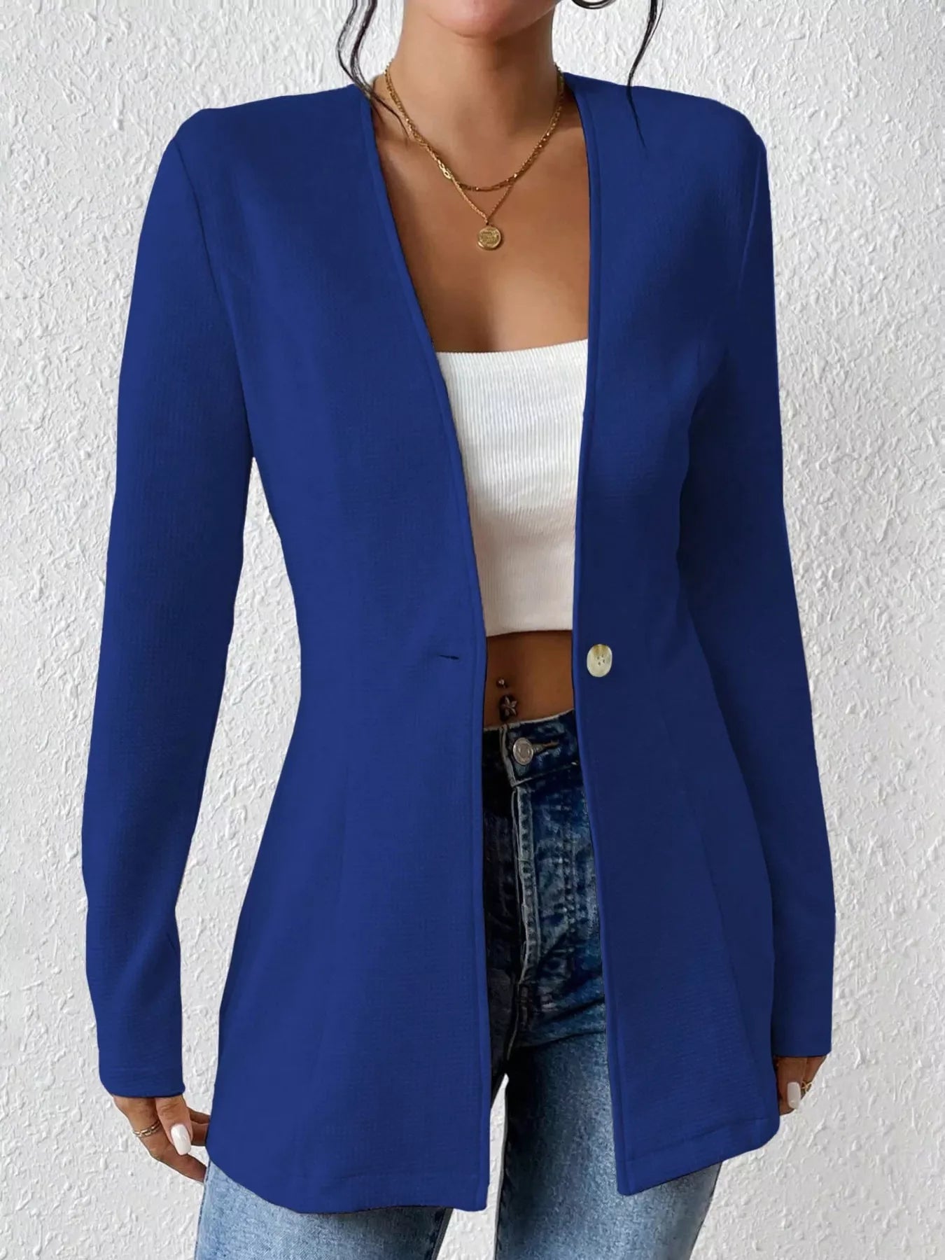 One Button Long Sleeve Blazer Blue OutfitFlow