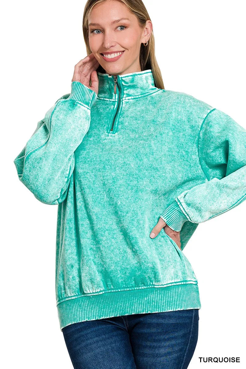 Zenana Acid Wash Fleece Quarter Zip Sweatshirt TURQUOISE OutfitFlow