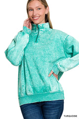Zenana Acid Wash Fleece Quarter Zip Sweatshirt TURQUOISE OutfitFlow